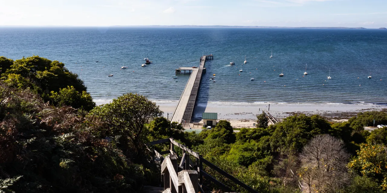 A long timber pier stretching into still bay water, with yachts moored nearby